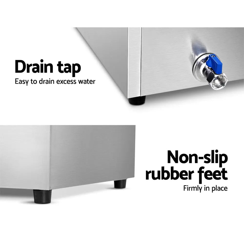 Devanti Commercial Food Warmer Bain Marie with three stainless steel pans and tempered glass doors, designed for buffet and catering use.