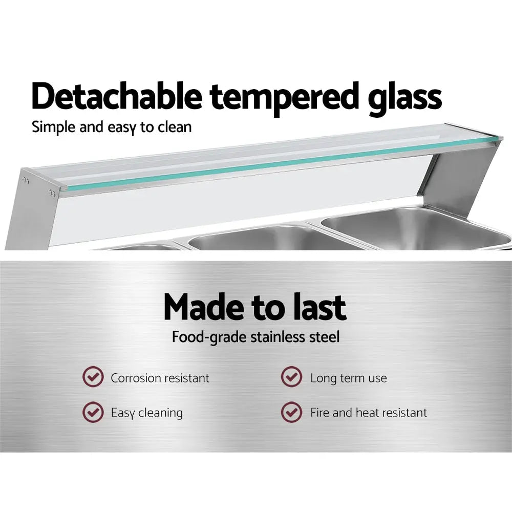 Devanti Commercial Food Warmer Bain Marie with three stainless steel pans and tempered glass doors, designed for buffet and catering use.