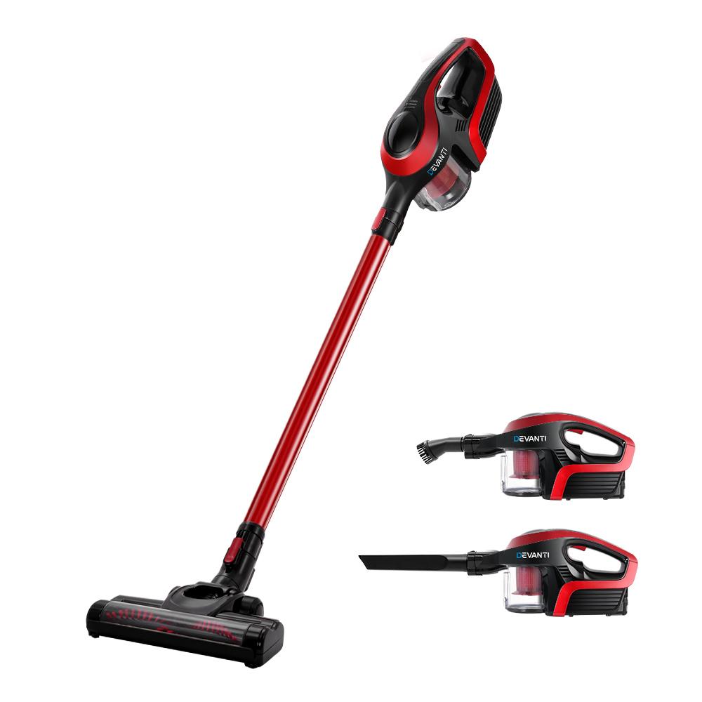 Devanti Cordless Stick Vacuum Cleaner in black and red, showcasing its sleek design and accessories.