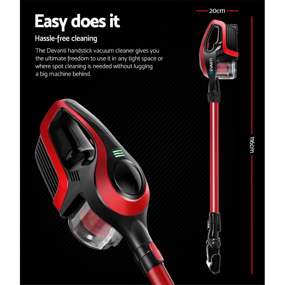 Devanti Cordless Stick Vacuum Cleaner in black and red, showcasing its sleek design and accessories.