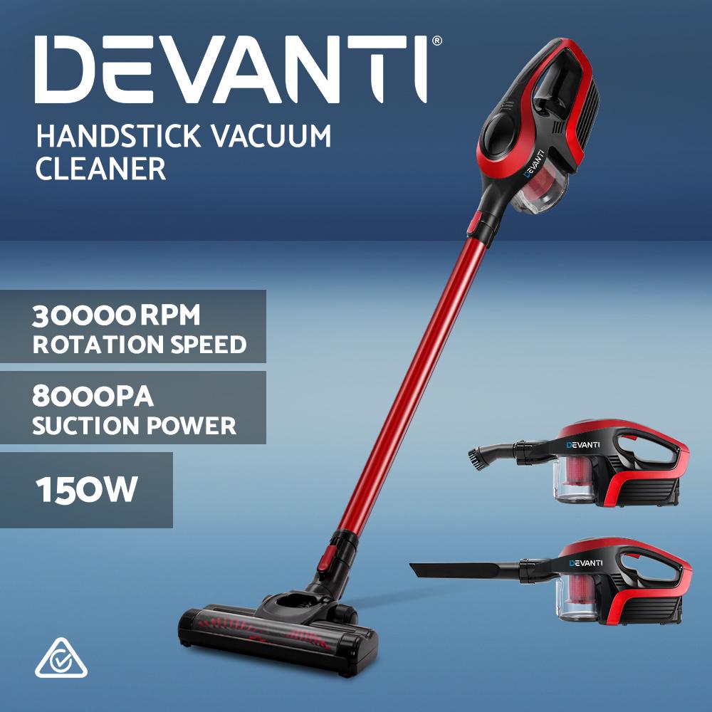Devanti Cordless Stick Vacuum Cleaner in black and red, showcasing its sleek design and accessories.