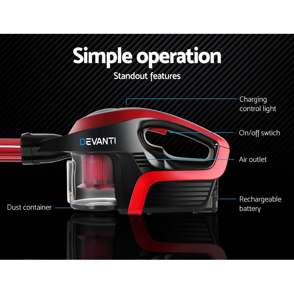 Devanti Cordless Stick Vacuum Cleaner in black and red, showcasing its sleek design and accessories.