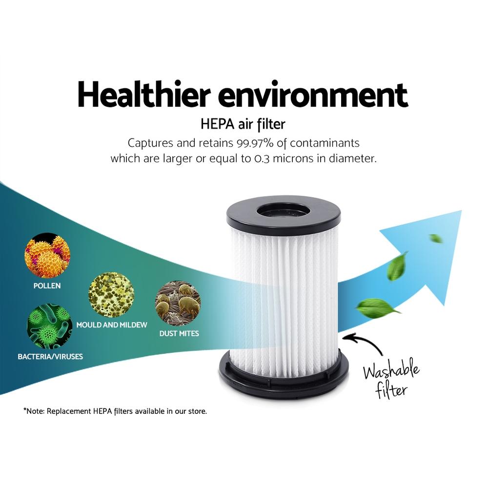 Devanti Cordless Stick Vacuum Cleaner in black and red, showcasing its sleek design and accessories.