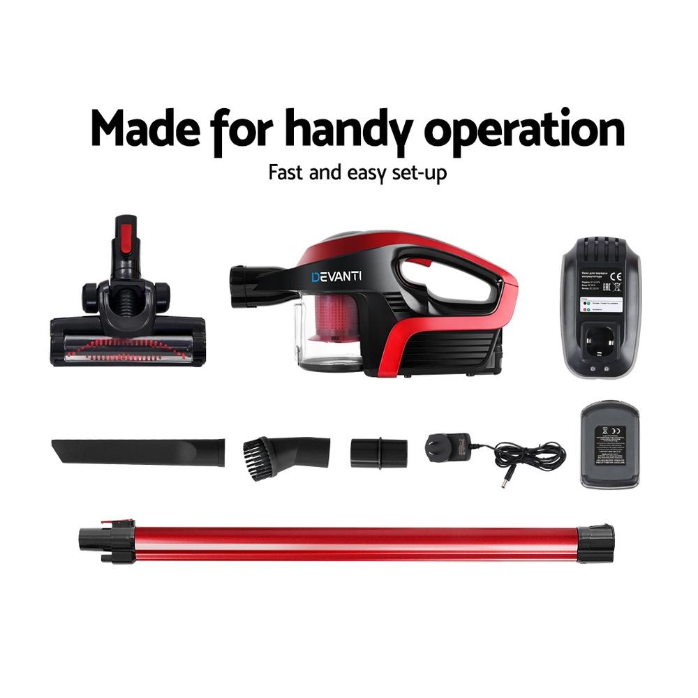 Devanti Cordless Stick Vacuum Cleaner in black and red, showcasing its sleek design and accessories.