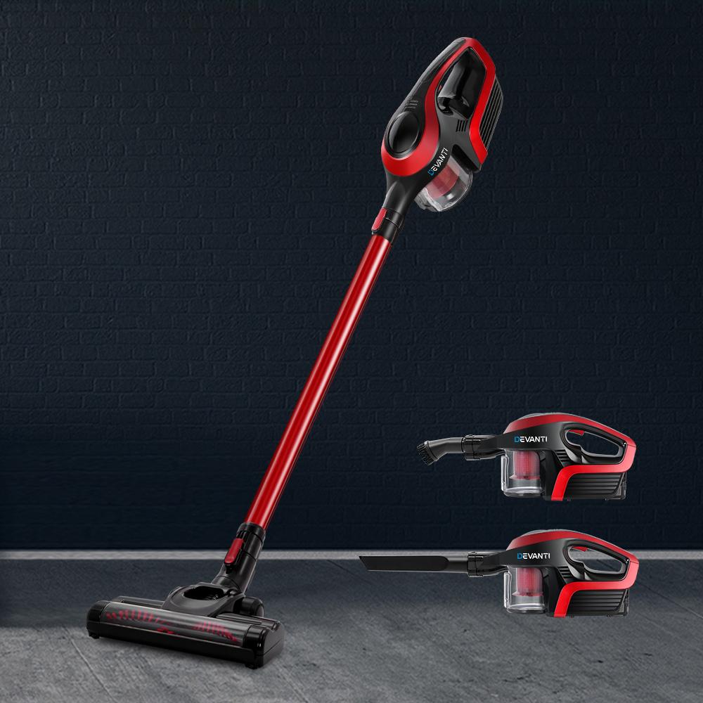 Devanti Cordless Stick Vacuum Cleaner in black and red, showcasing its sleek design and accessories.