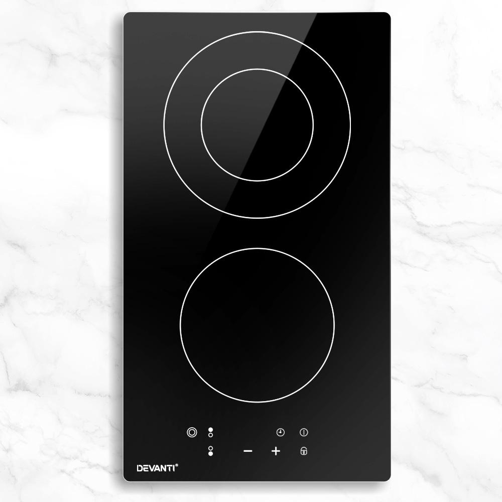 Devanti Electric Ceramic Cooktop 30cm with three cooking zones and touch control panel, featuring a sleek black ceramic glass surface.