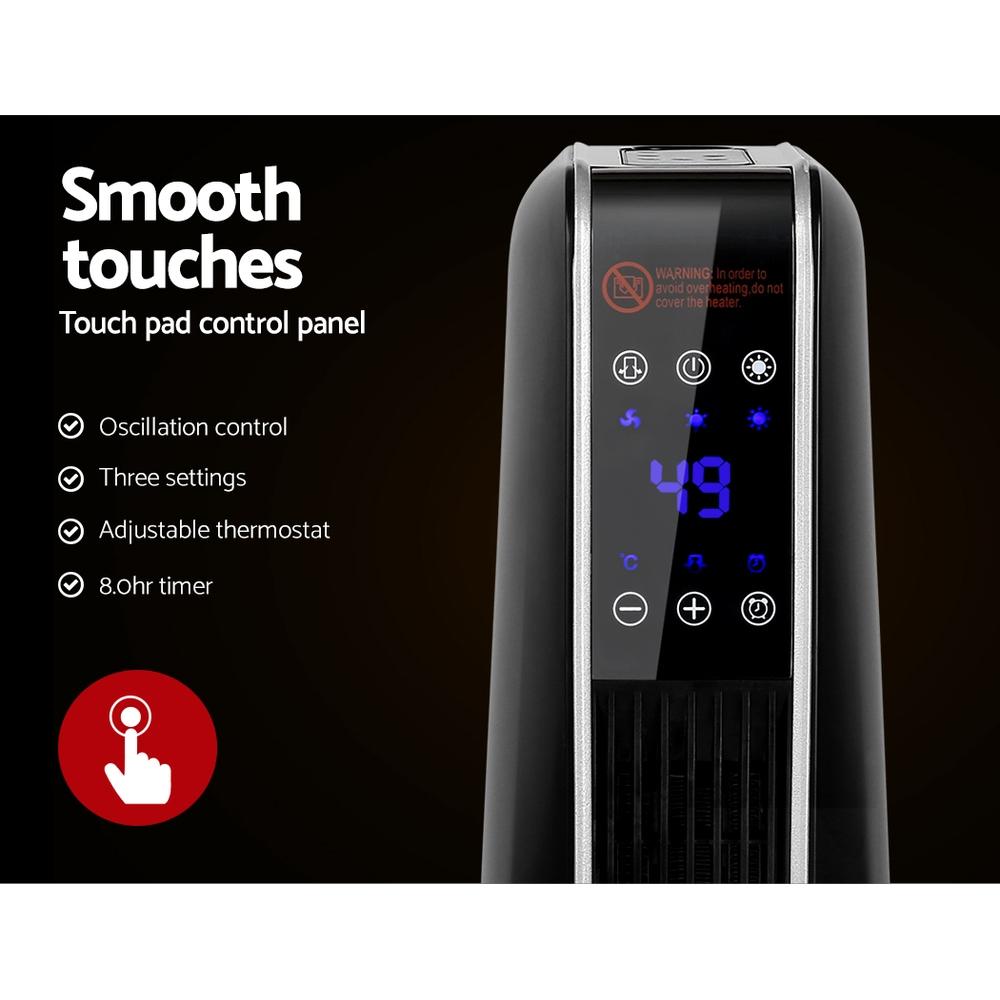 Devanti Electric Ceramic Tower Fan Heater in black, showcasing its slim design and remote control feature.