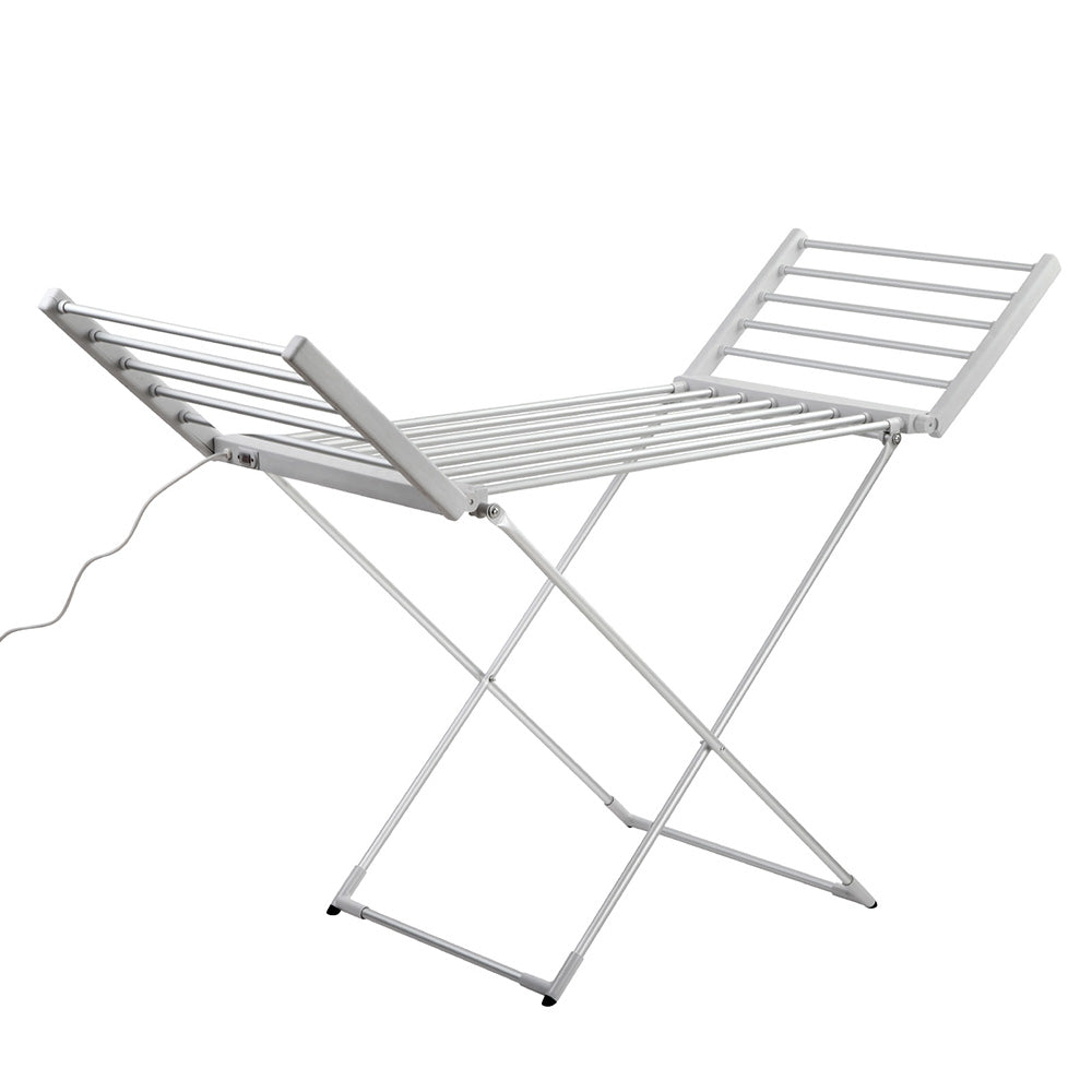 Devanti Electric Heated Towel Rail Clothes Rack with 18 heated rods, portable and foldable design for efficient drying of clothes and towels.