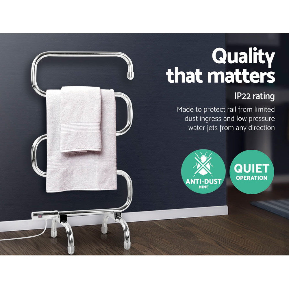 Devanti Electric Heated Towel Rail Rack with 5 bars, polished stainless steel finish, freestanding design for warm towels.