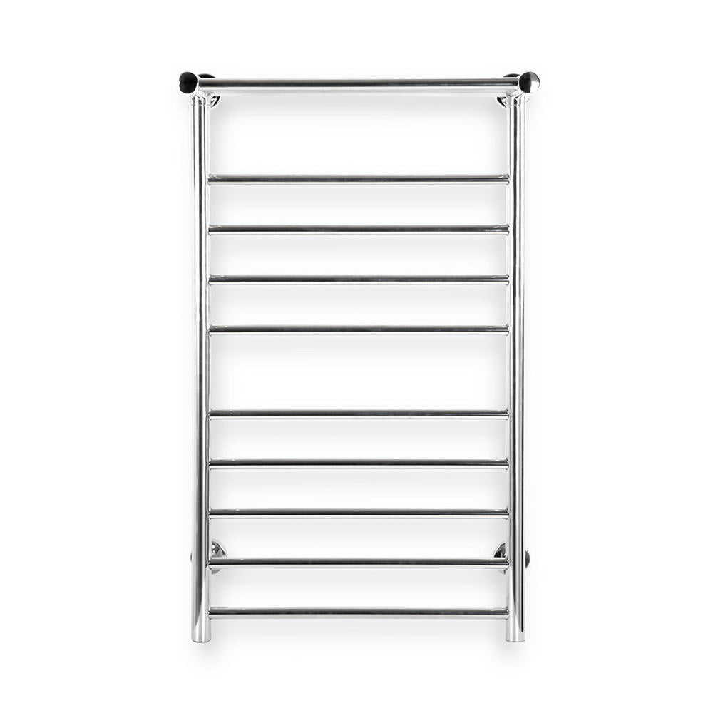 Devanti Electric Heated Towel Rail with 14 bars in polished stainless steel, mounted on a bathroom wall, providing warmth for towels.