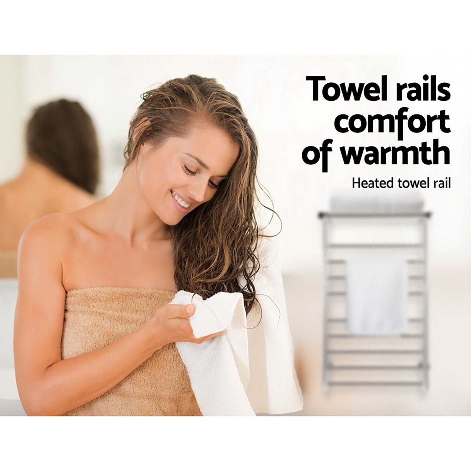 Devanti Electric Heated Towel Rail with 14 bars in polished stainless steel, mounted on a bathroom wall, providing warmth for towels.