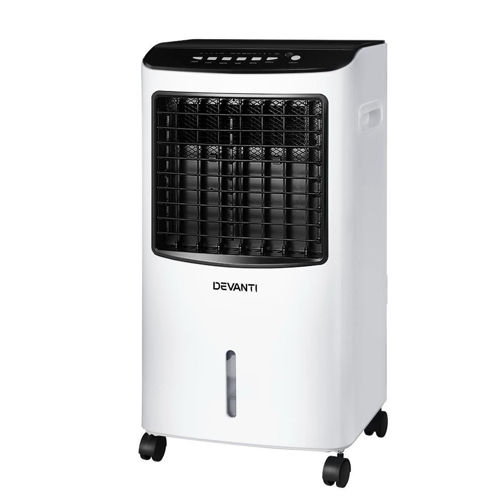 Devanti Evaporative Air Cooler Conditioner in black and white, showcasing its sleek design and portable features.