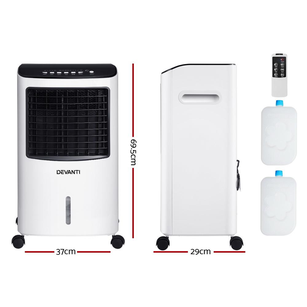 Devanti Evaporative Air Cooler Conditioner in black and white, showcasing its sleek design and portable features.