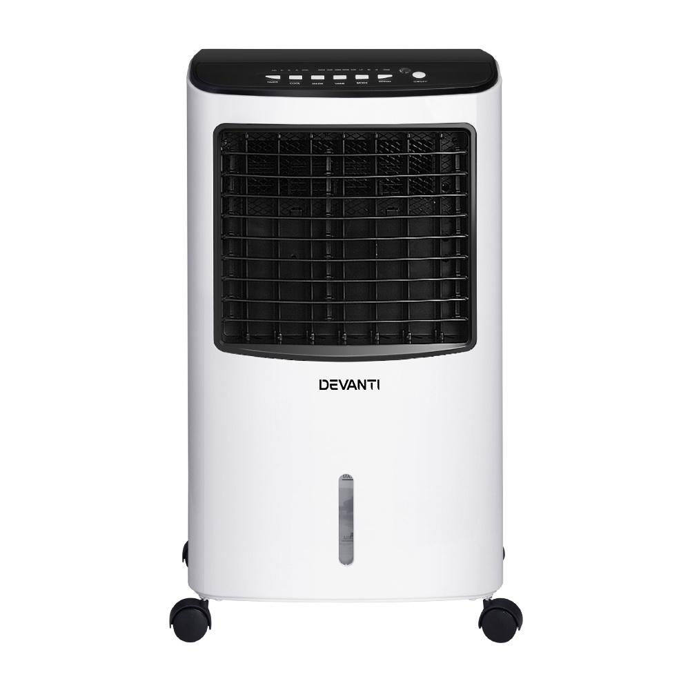 Devanti Evaporative Air Cooler Conditioner in black and white, showcasing its sleek design and portable features.