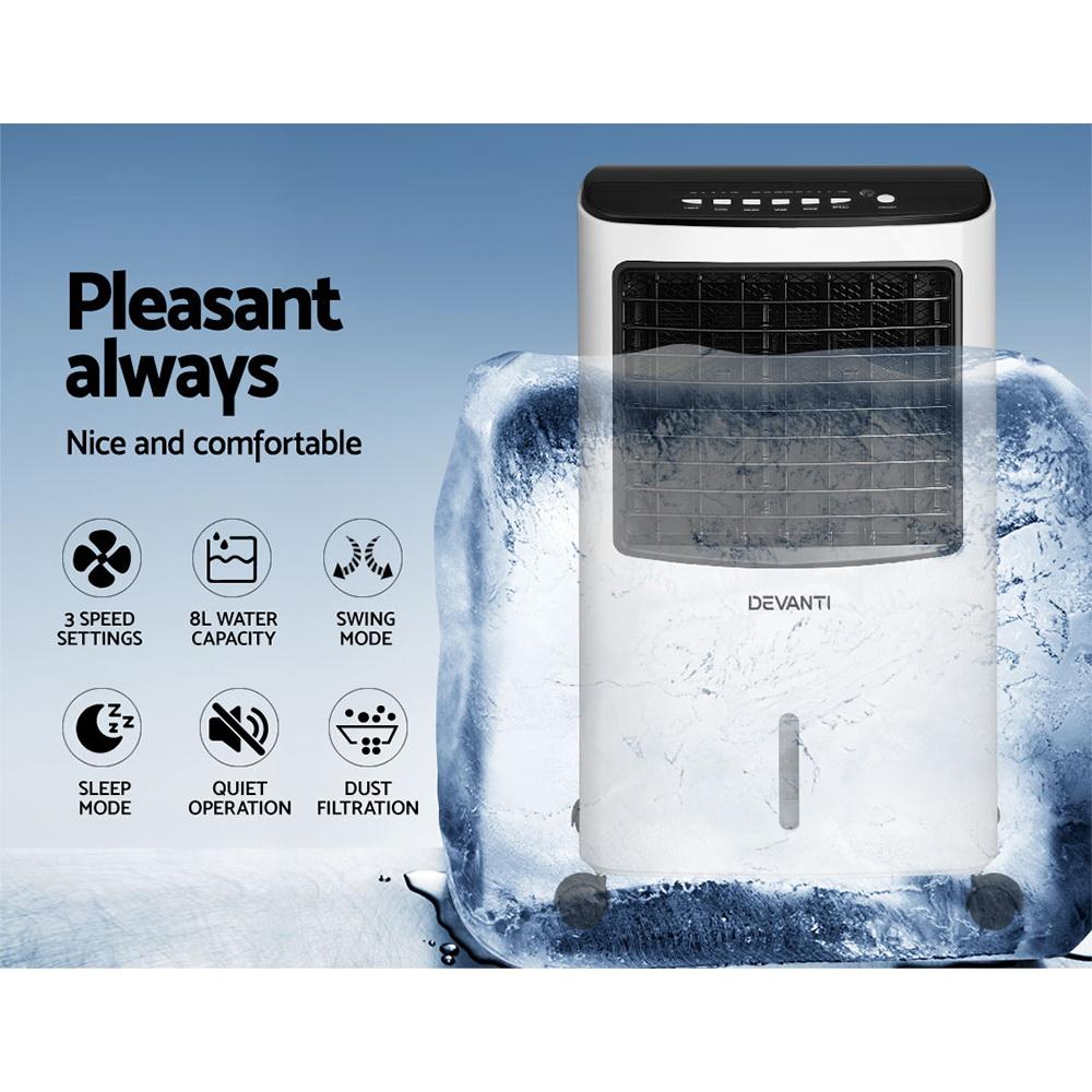 Devanti Evaporative Air Cooler Conditioner in black and white, showcasing its sleek design and portable features.