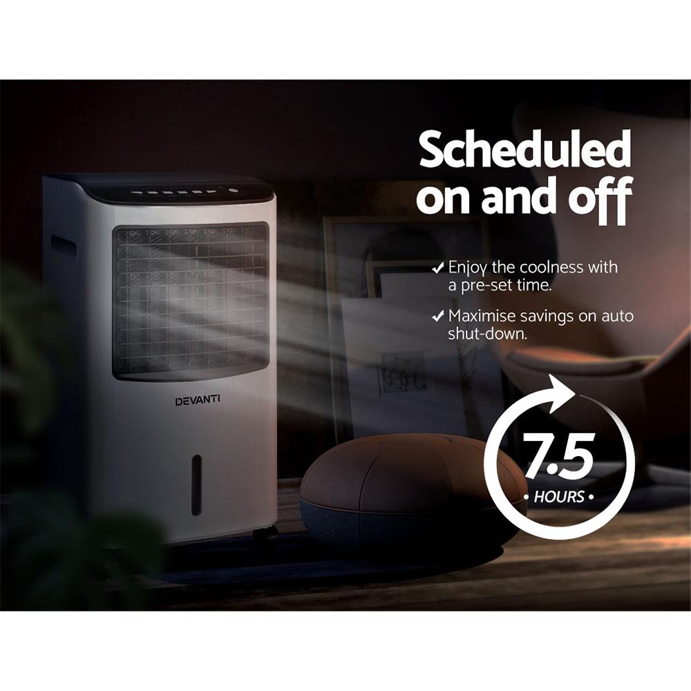 Devanti Evaporative Air Cooler Conditioner in black and white, showcasing its sleek design and portable features.