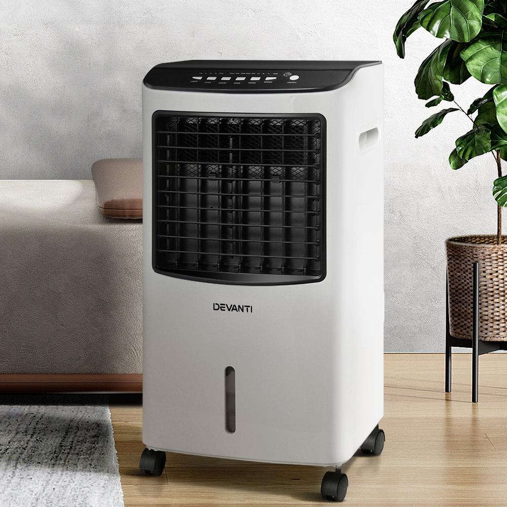 Devanti Evaporative Air Cooler Conditioner in black and white, showcasing its sleek design and portable features.
