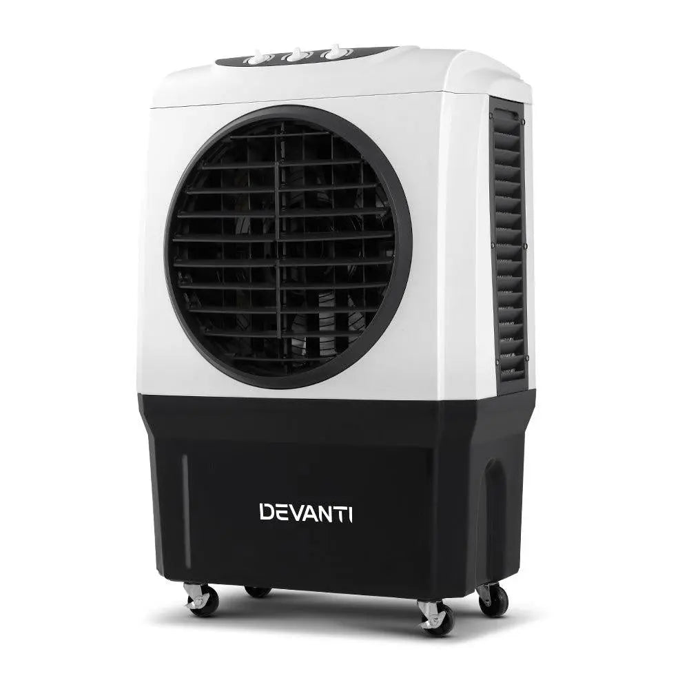 Devanti Evaporative Air Cooler with a large 45L water tank and adjustable louvres, designed for industrial and commercial use.