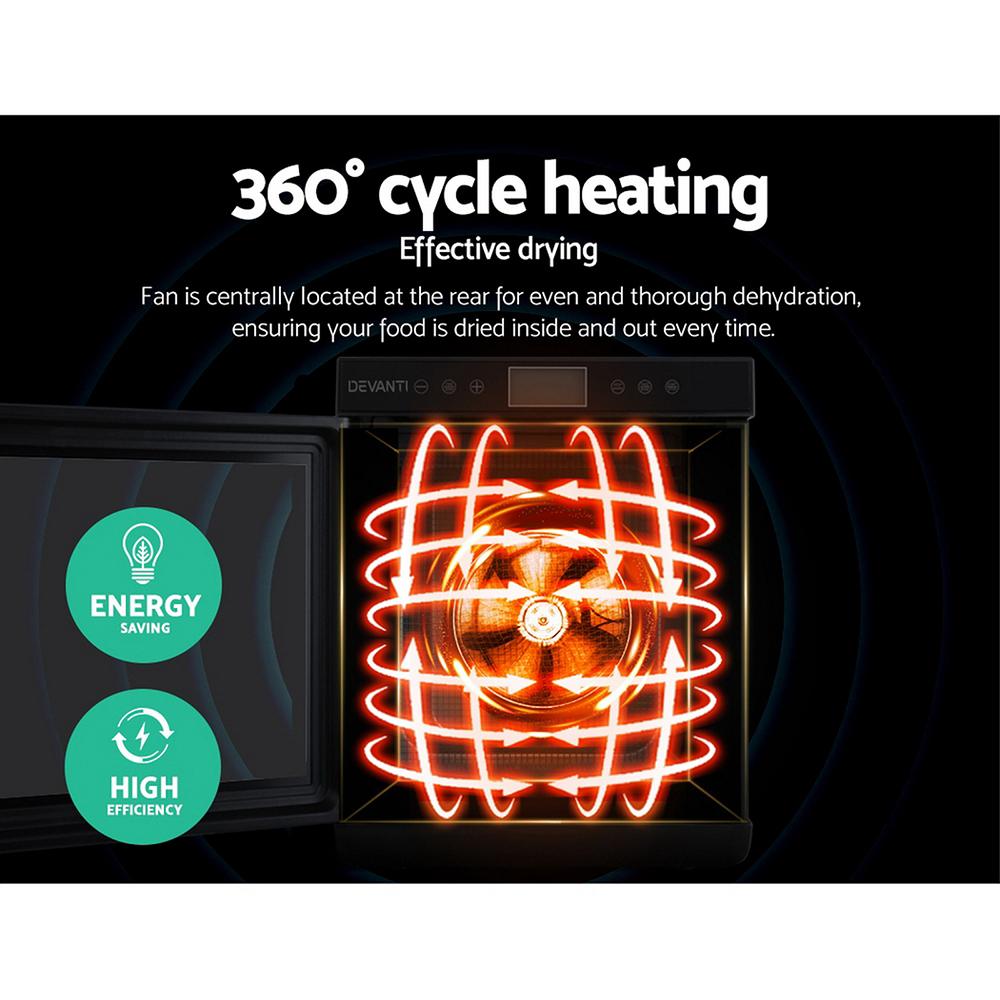 Devanti Food Dehydrator with stainless steel trays and LCD control panel, showcasing its sleek design and functionality.