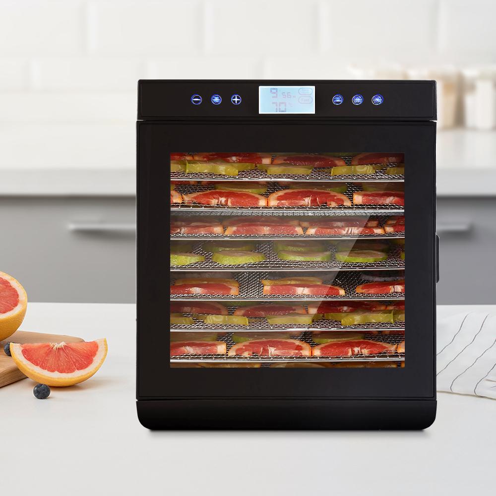 Devanti Food Dehydrator with stainless steel trays and LCD control panel, showcasing its sleek design and functionality.