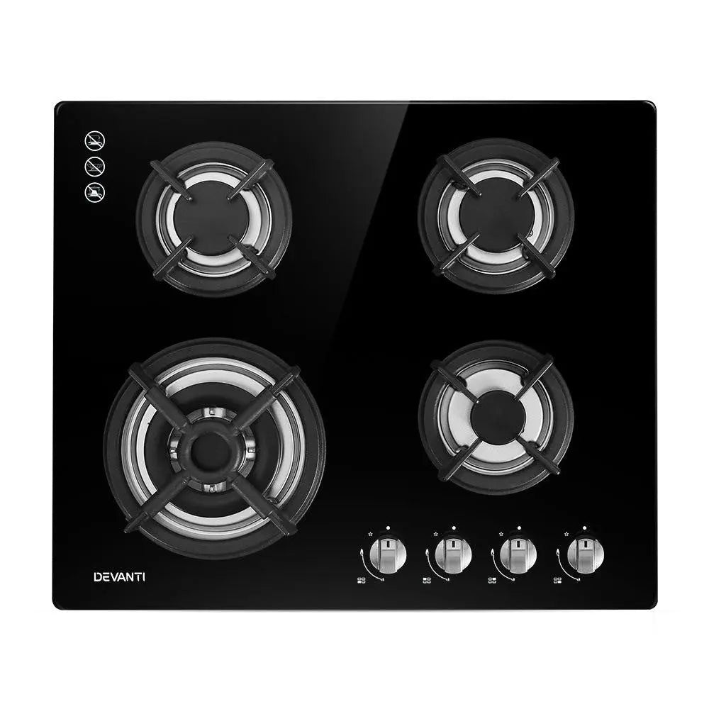 Devanti 60cm Gas Cooktop with four burners and black tempered glass surface, showcasing its sleek design and stainless steel controls.