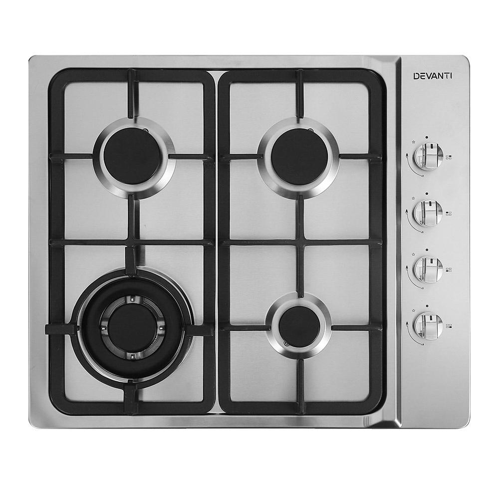 Devanti 60cm Gas Cooktop featuring four burners, stainless steel surface, and cast iron grates, ideal for modern kitchens.