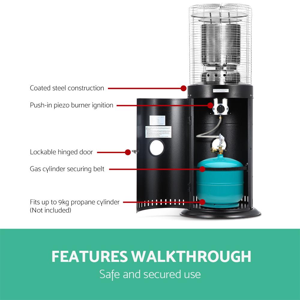 Devanti Gas Patio Outdoor Heater in black stainless steel, designed for outdoor heating with a modern industrial look.