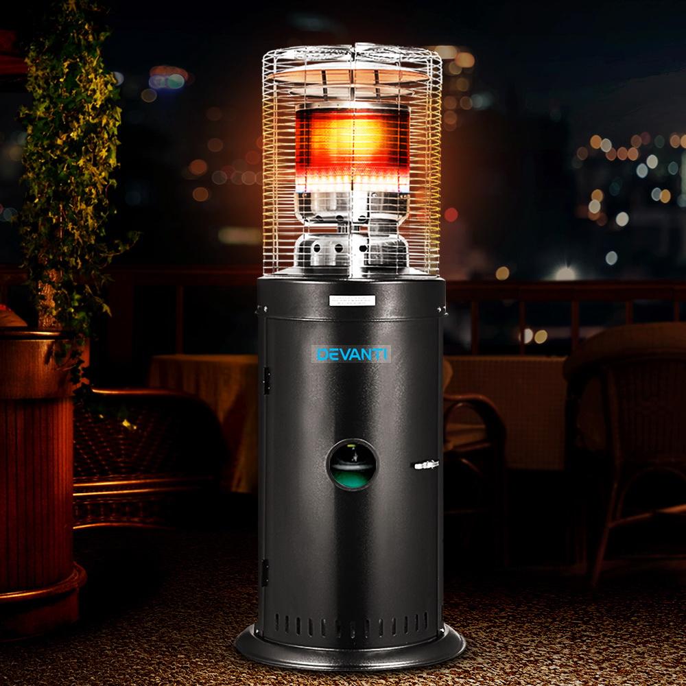 Devanti Gas Patio Outdoor Heater in black stainless steel, designed for outdoor heating with a modern industrial look.