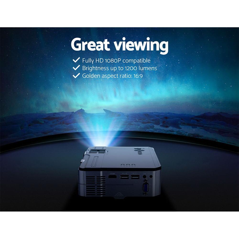 Devanti Mini Video Projector showcasing its sleek design and multiple connectivity ports, ideal for home entertainment.