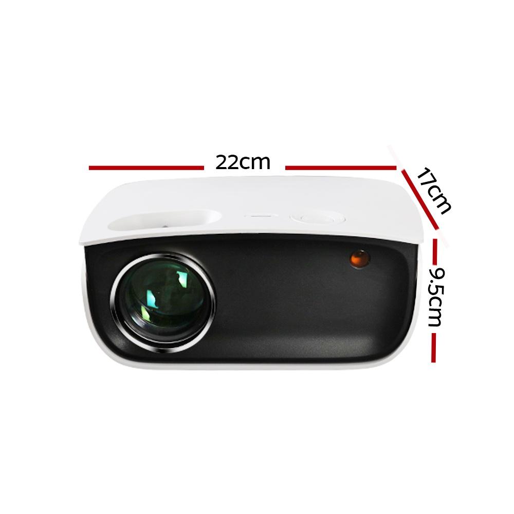 Devanti Mini Video Projector showcasing its sleek design and connectivity ports, ideal for portable HD entertainment.