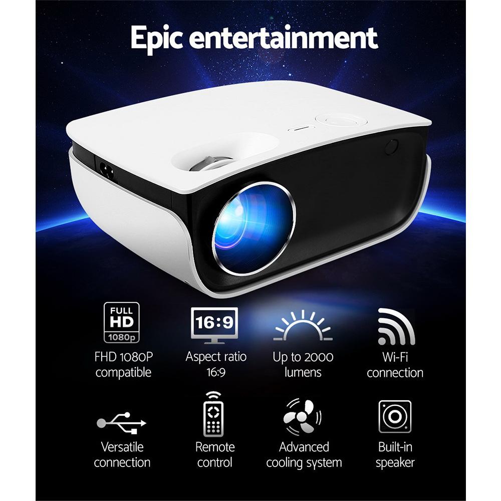 Devanti Mini Video Projector showcasing its sleek design and connectivity ports, ideal for portable HD entertainment.