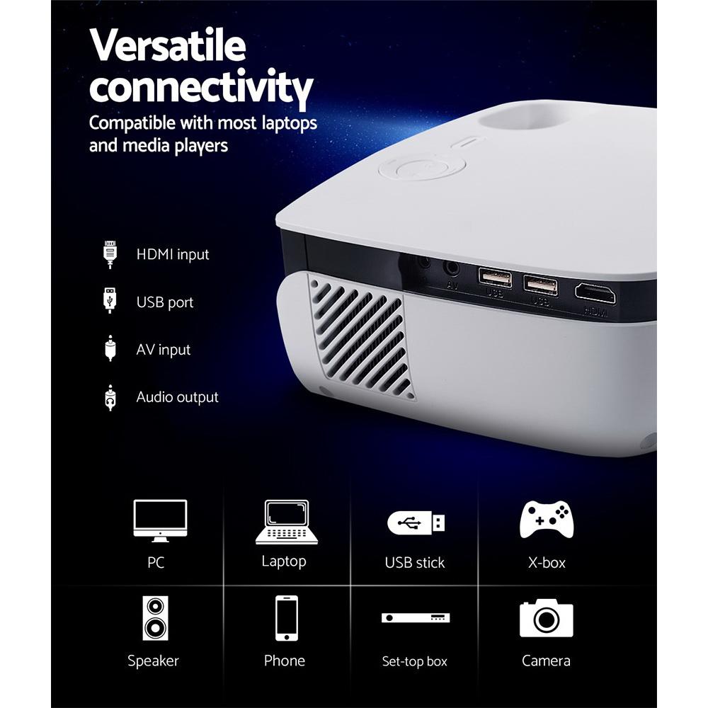Devanti Mini Video Projector showcasing its sleek design and connectivity ports, ideal for portable HD entertainment.