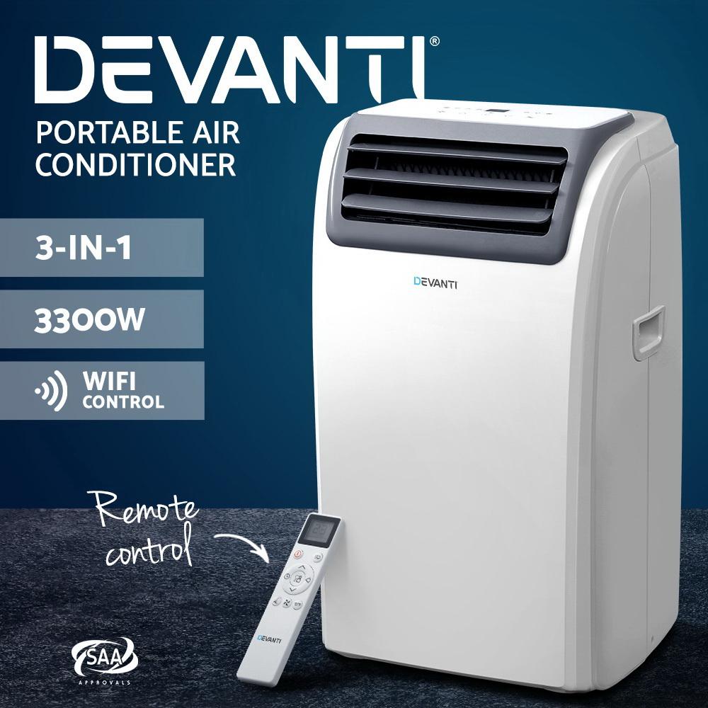Devanti Portable Air Conditioner in a modern living room, showcasing its sleek design and remote control.