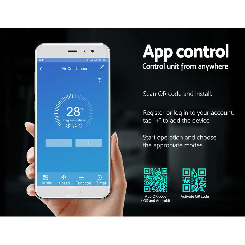 Devanti Portable Air Conditioner in a modern living room, showcasing its sleek design and remote control.