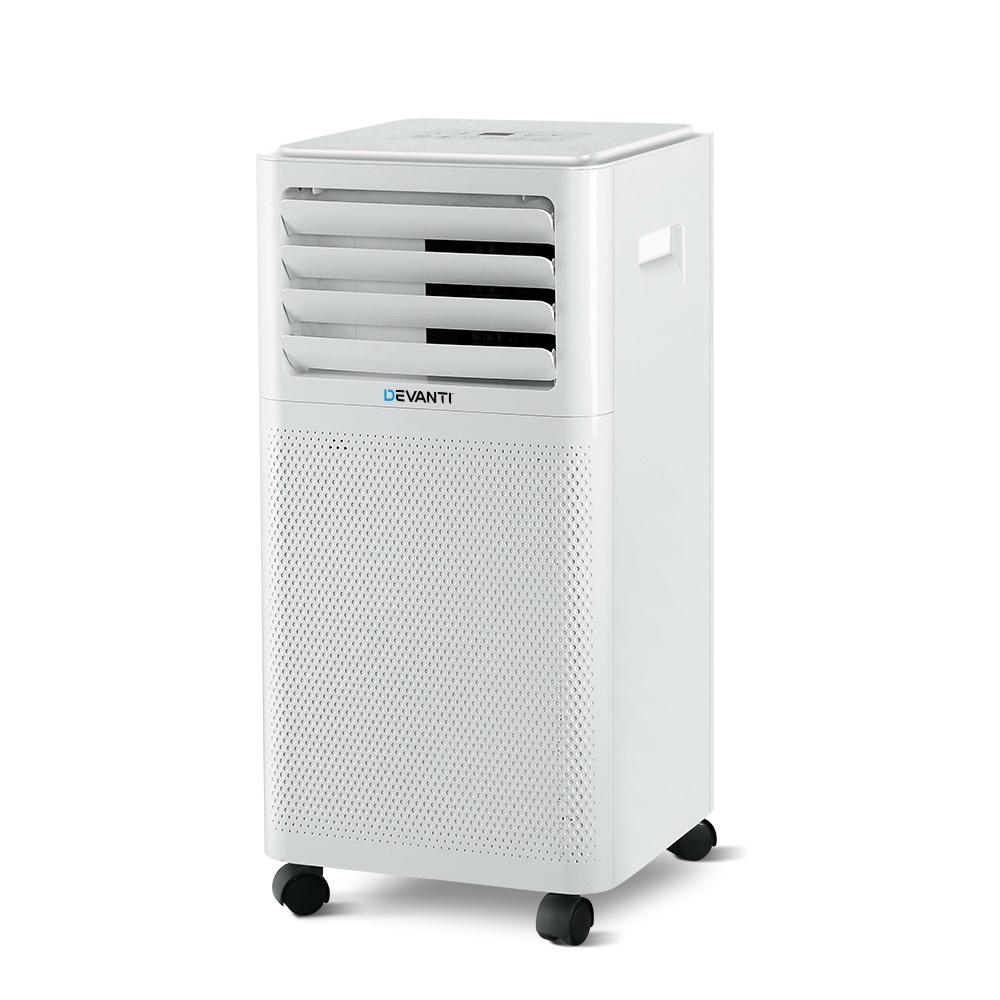Devanti Portable Air Conditioner in white, showcasing its sleek design and remote control, ideal for cooling small to medium rooms.