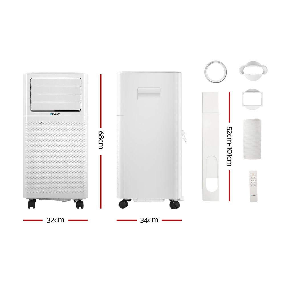 Devanti Portable Air Conditioner in white, showcasing its sleek design and remote control, ideal for cooling small to medium rooms.