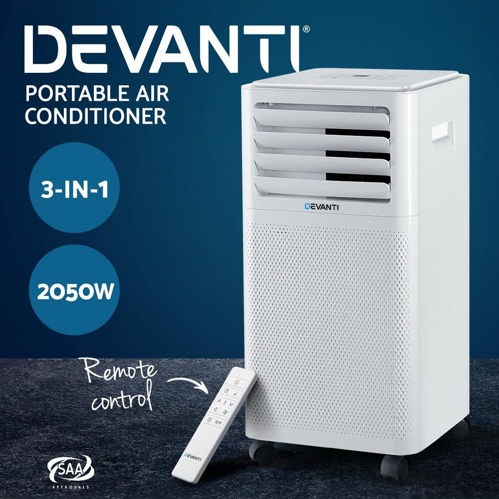 Devanti Portable Air Conditioner in white, showcasing its sleek design and remote control, ideal for cooling small to medium rooms.