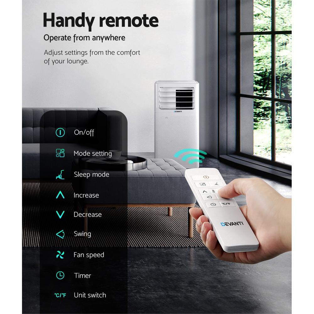 Devanti Portable Air Conditioner in white, showcasing its sleek design and remote control, ideal for cooling small to medium rooms.