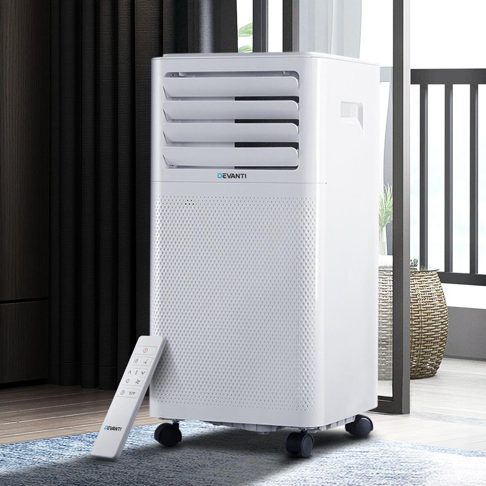 Devanti Portable Air Conditioner in white, showcasing its sleek design and remote control, ideal for cooling small to medium rooms.