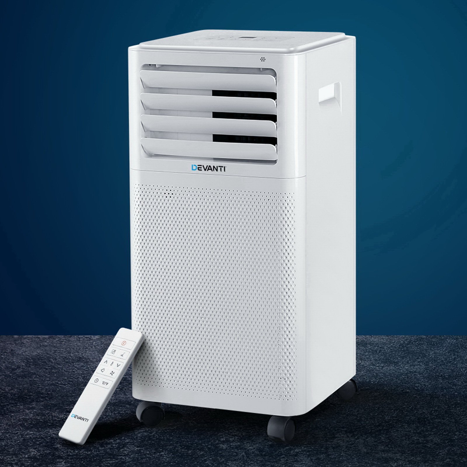 Devanti Portable Air Conditioner with remote control and window exhaust kit, designed for efficient cooling and portability.