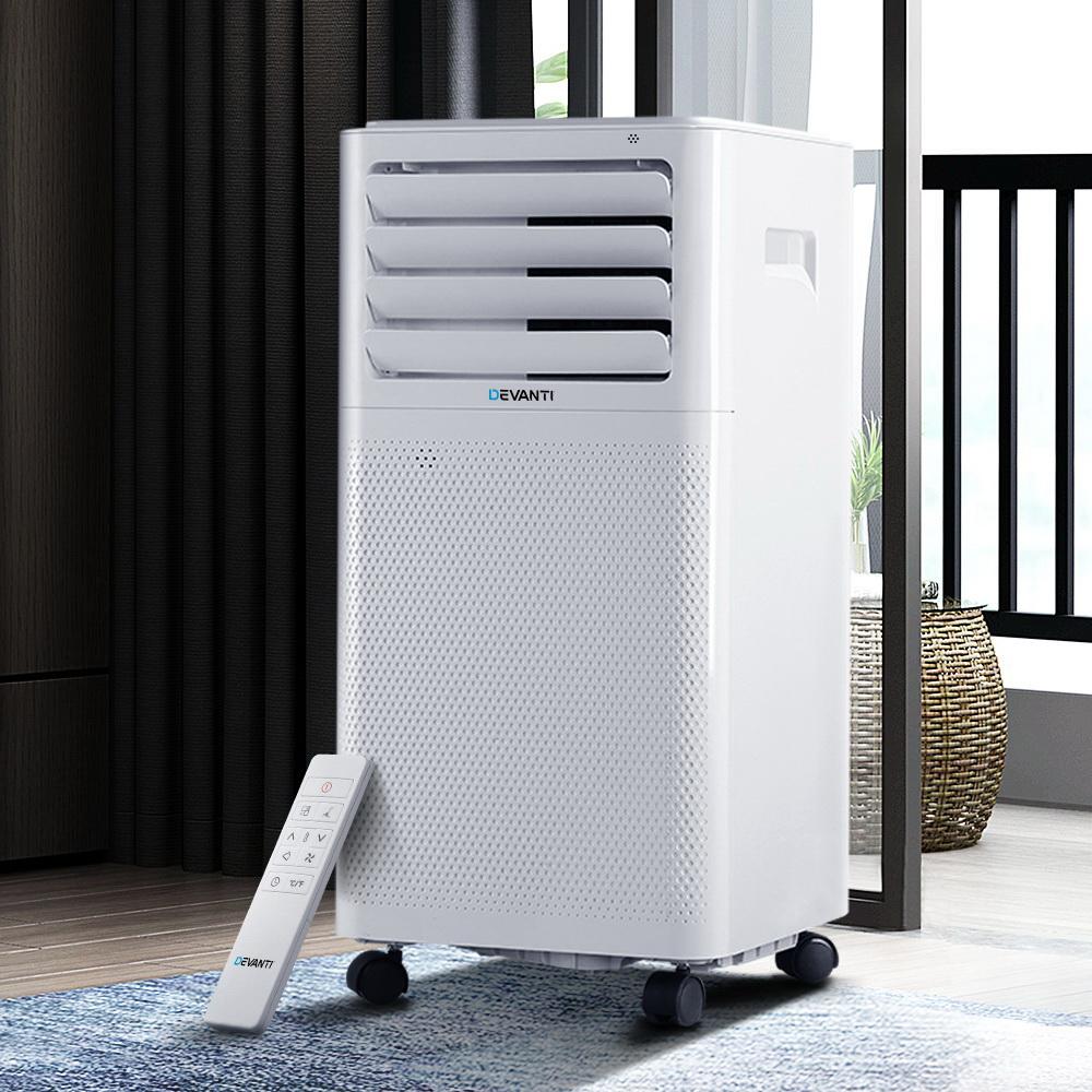 Devanti Portable Air Conditioner with remote control and window exhaust kit, designed for efficient cooling and portability.