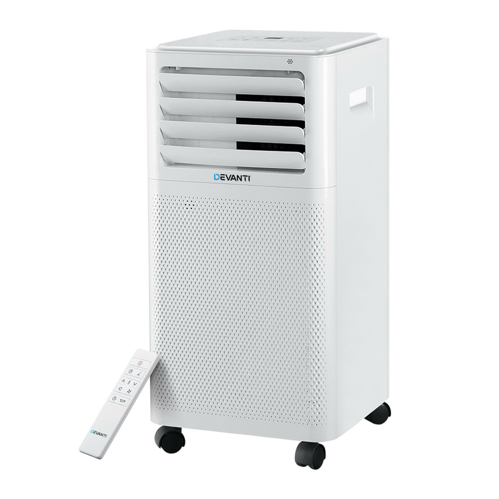 Devanti Portable Air Conditioner with remote control and window exhaust kit, designed for efficient cooling and portability.