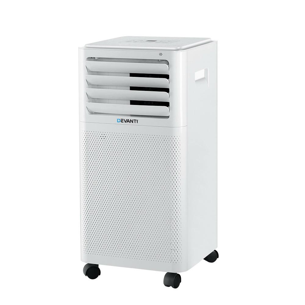 Devanti Portable Air Conditioner with remote control and window exhaust kit, designed for efficient cooling and portability.