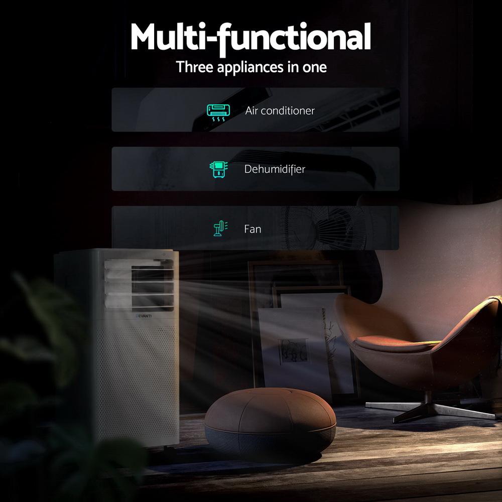 Devanti Portable Air Conditioner with remote control and window exhaust kit, designed for efficient cooling and portability.