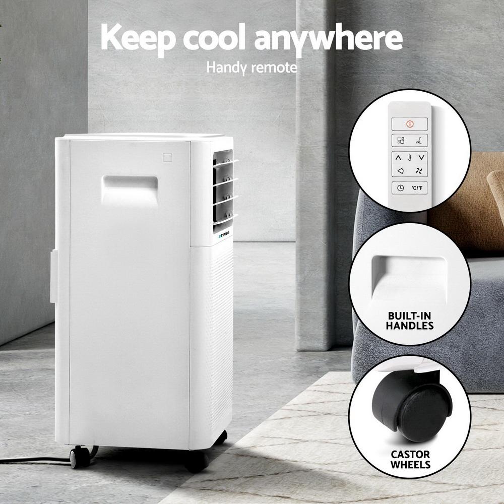 Devanti Portable Air Conditioner with remote control and window exhaust kit, designed for efficient cooling and portability.