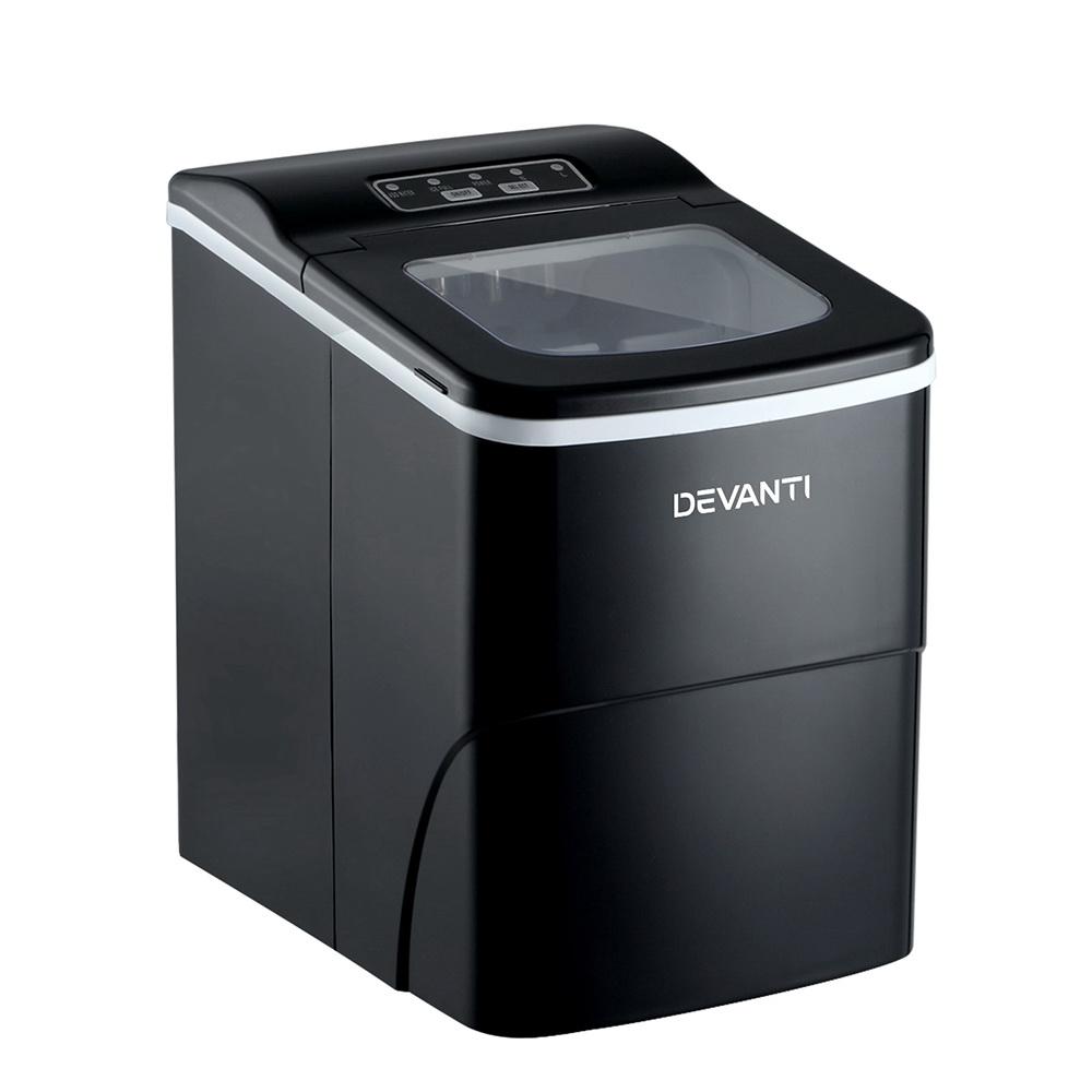 DEVANTi Portable Ice Cube Maker Machine in black, showcasing its sleek design and LED control panel.