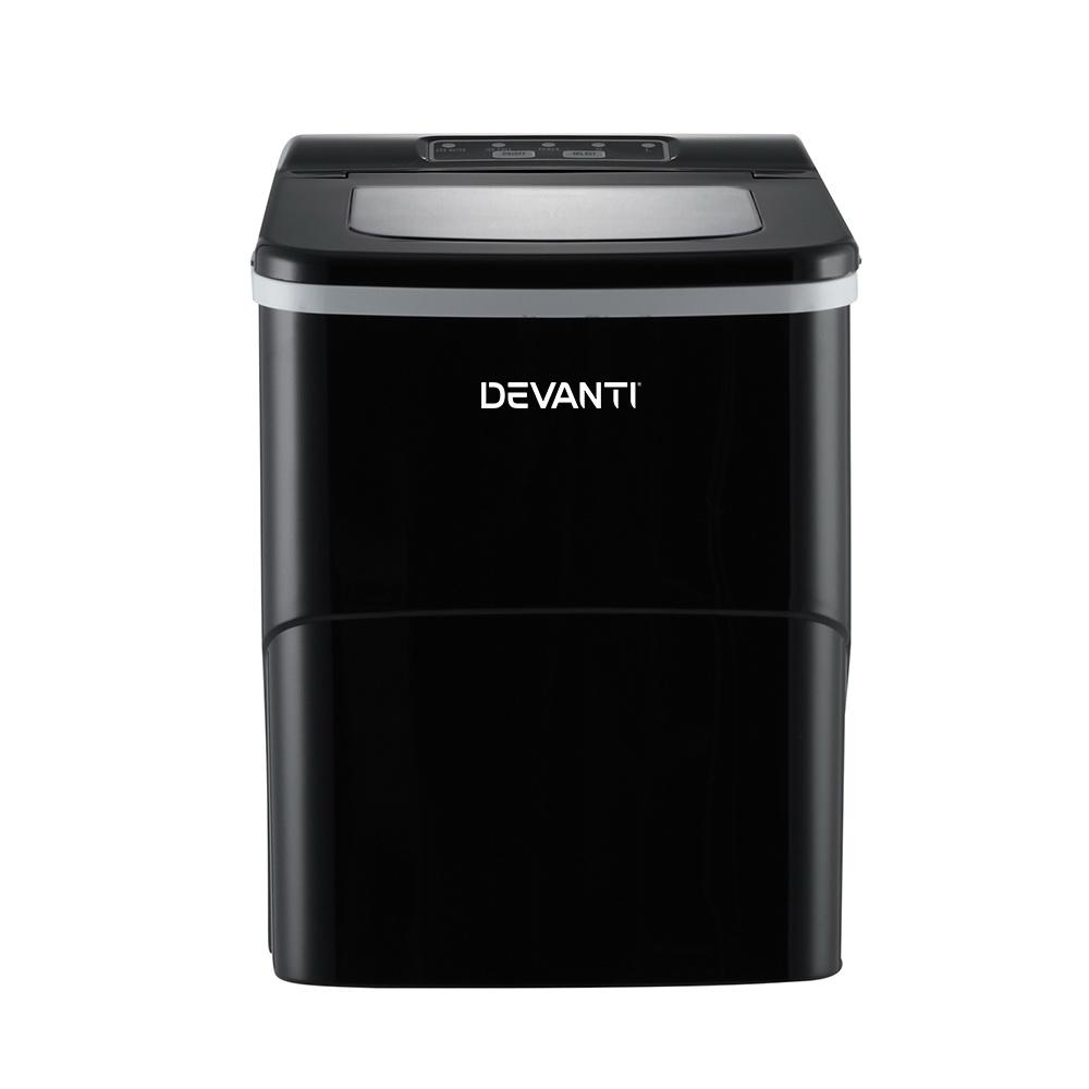 DEVANTi Portable Ice Cube Maker Machine in black, showcasing its sleek design and LED control panel.