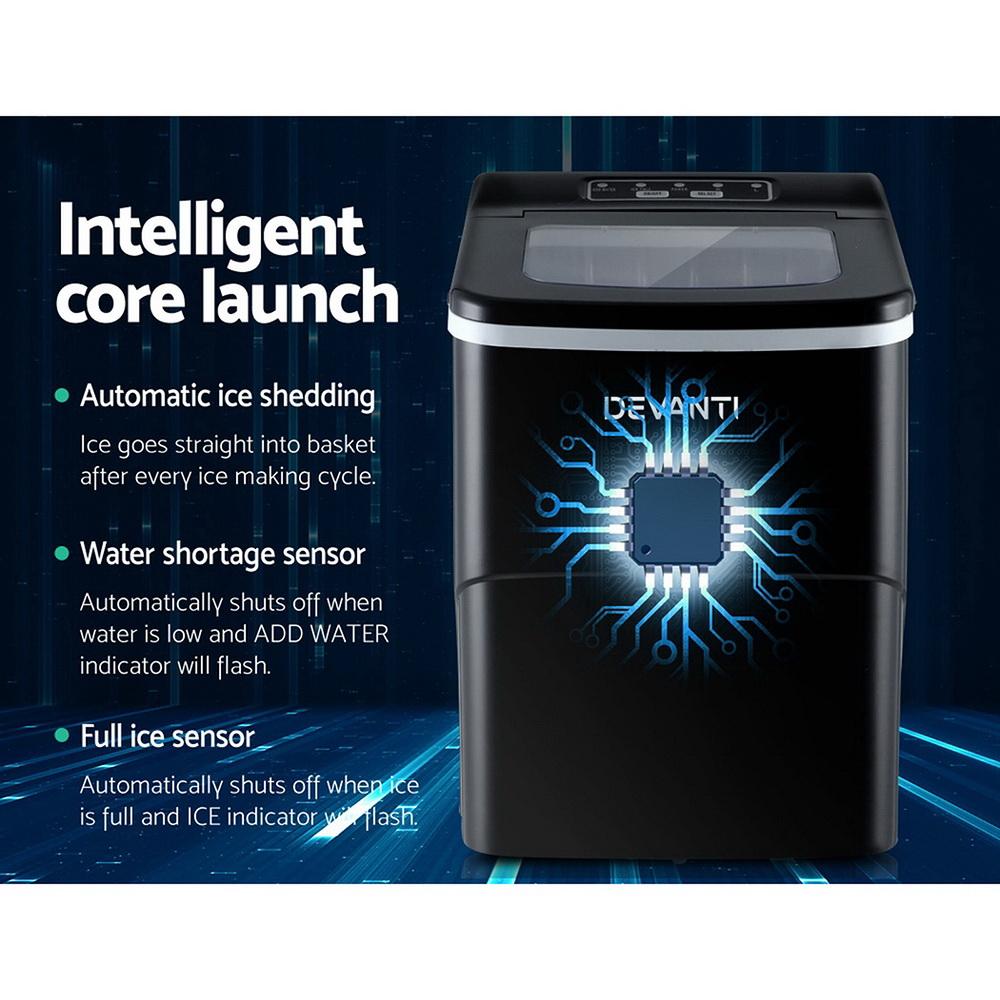 DEVANTi Portable Ice Cube Maker Machine in black, showcasing its sleek design and LED control panel.