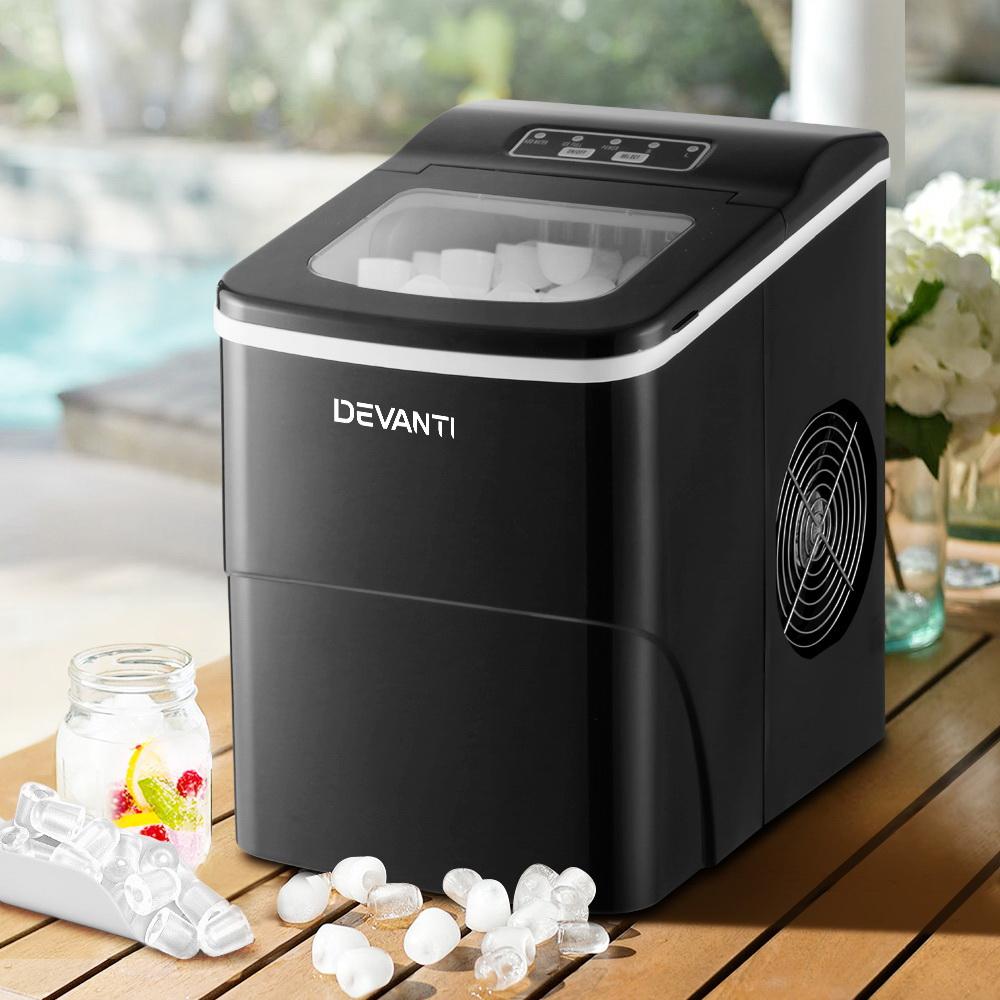 DEVANTi Portable Ice Cube Maker Machine in black, showcasing its sleek design and LED control panel.