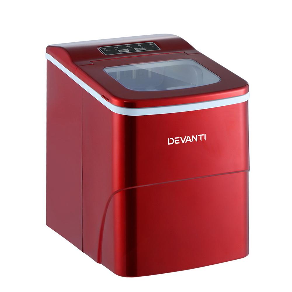 DEVANTi Portable Ice Cube Maker Machine in red, showcasing its sleek design and LED control panel.